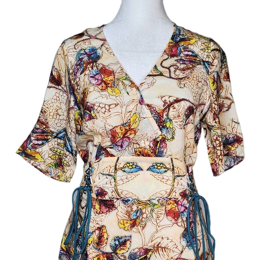 Pure Silk Botanical Kimono Sleeve Side tie Maxi Dress Small Fairycore Unbranded - Picture 2 of 12